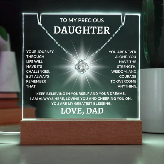 To My Precious Daughter Love, Dad |  Keepsake Acrylic & Love Knot Necklace